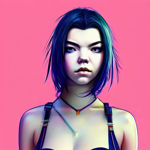Prompt: closeup front orthographic portrait of anya taylor joy seductive cyberpunk, japanese style, high detail, soft studio lighting, full frontal lighting, digital photography, hyper realistic style, style of masamune shirow