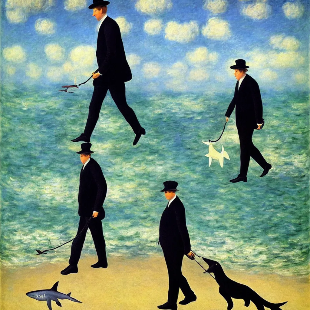 Image similar to achingly beautiful painting of a business man walking his pet shark, by rene magritte, monet, and turner