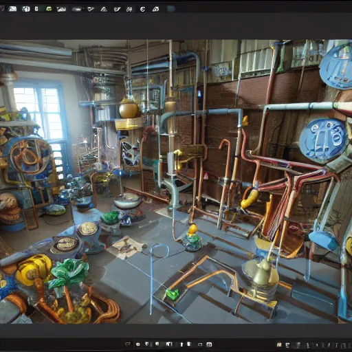 Image similar to 3 d render of a factory videogame. producing magic potions. factorio, rube goldberg. contraptions. clean, arnold render with raytracing.