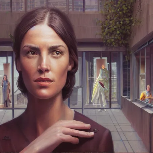 Prompt: detailed face of an intelligent clothed woman with kind eyes in a architectonic courtyard with transparent displays at a science expo, atmospheric, ambient, pj crook, syd mead, livia prima, artgerm, greg rutkowski, nick alm, casey baugh