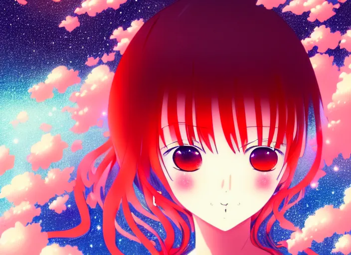 Image similar to anime portrait of a young girl floating inside a nebula, Karolis Strautniekas,omoide emanon, tsuruta kenji, murata range,kawaii, kyoto animation, manga, intricate, detailed, studio lighting, orange red black white, gradation,editorial illustration, matte print, Ilya Kuvshinov