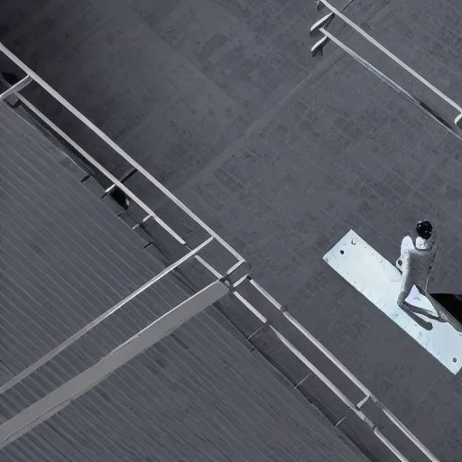 Image similar to mysterious man in silver space suit, walking on an industrial catwalk with stairs that lead nowhere, floating in deep space, 4 k photograph, isometric view