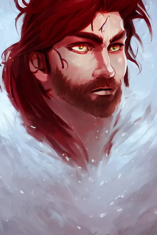 Image similar to A handsome man with a blood red hair in the style of risk of rain, white eyes, fantasy, portrait, sharp focus, intricate, elegant, digital painting, artstation, matte, highly detailed, concept art, illustration, ambient lighting