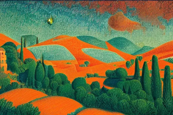 Image similar to a provencal ville on the surface of mars by asher brown durand, ansel adams and jean metzinger, oil on canva, color orange and color green