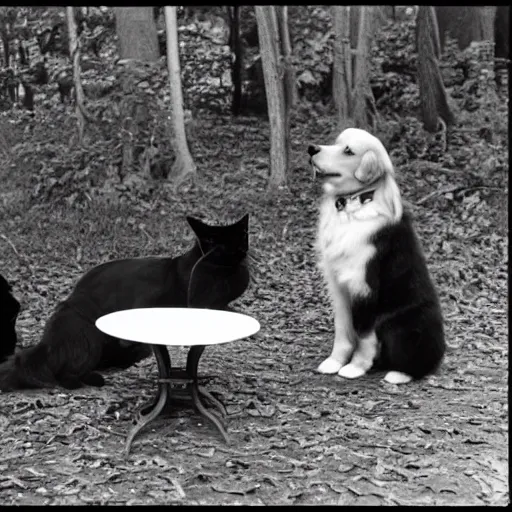 Image similar to vintage photograph of a golden retriever and a black kitty having a tea party in the forest