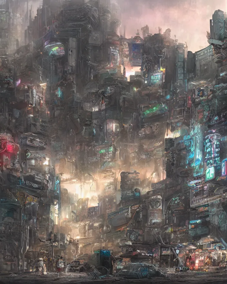 Image similar to a matte painting of a cybernetic junkyard ghost, cyberpunk, shadowrun, in the style of brom