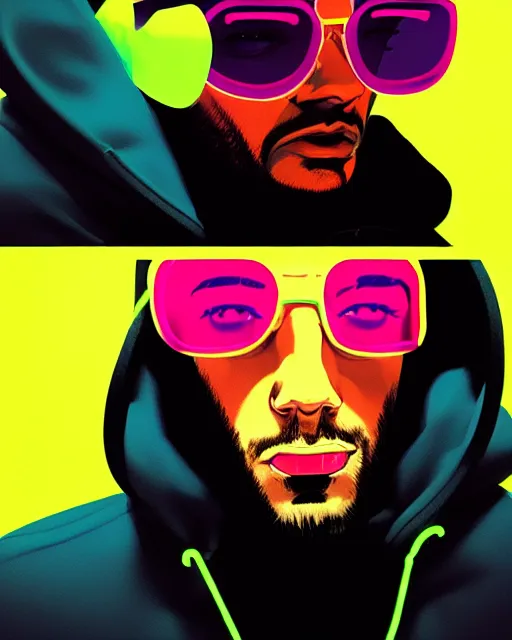 Prompt: pop art mixed with neo - noir artsyle, hyper - realistic detailed portrait of a man in a hoodie, with neon visor, by atey ghailan, by greg rutkowski, by greg tocchini, by james gilleard, by joe fenton, by kaethe butcher, sharp focus