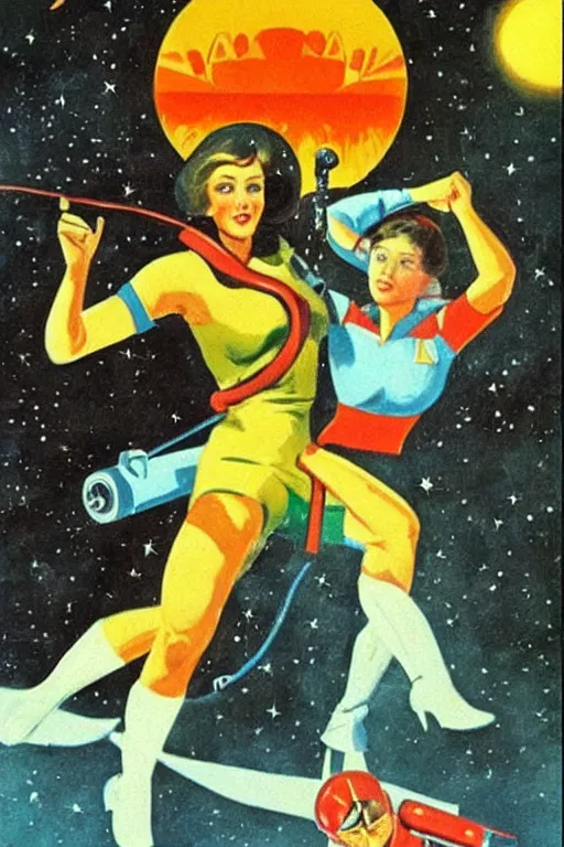 Image similar to Soviet propaganda art of a beautiful female cosmonaut fighting an alien.