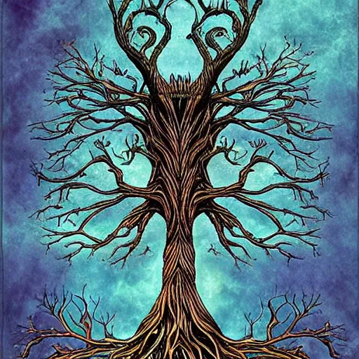 Prompt: tree of life, intricate roots, nebula life, cosmic life by tim burton