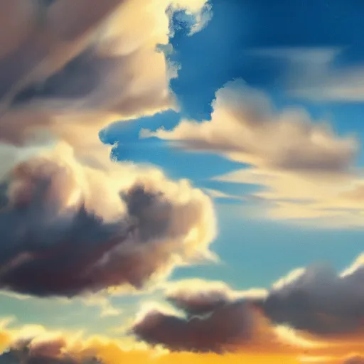 Prompt: puffy peaceful clouds, matte painting, 4k