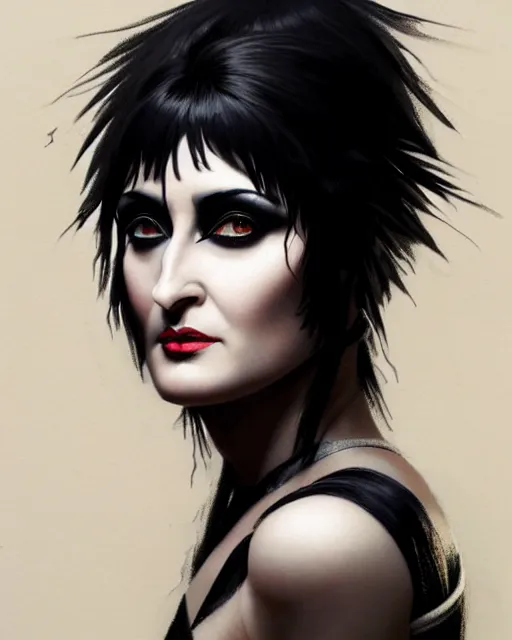 Image similar to portrait of siouxsie sioux, black hair, elegant, real life skin, intricate artwork, high detailed, artstation, concept art, smooth, sharp focus, art by artgerm and greg rutkowski @ ruprechy