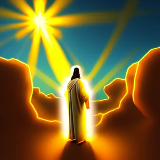 Prompt: jesus under the sun bringing light to earth, sun as bitcoin, glorious, heroic, dramatic, volumetric lighting, digital painting, ultra sharp, extreme details