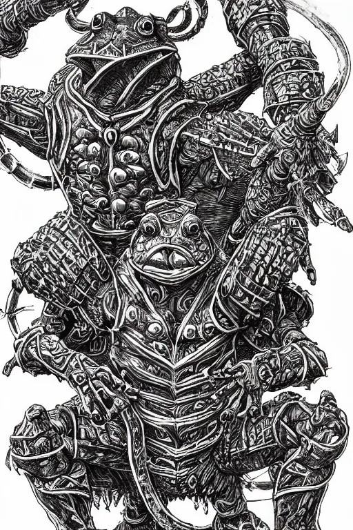 Image similar to humanoid frog warrior, wearing armour, swamp, symmetrical, highly detailed, digital art, sharp focus, trending on art station, kentaro miura manga art style