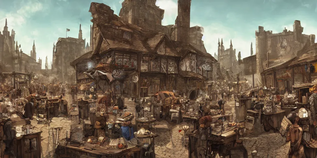 Image similar to a busy marketplace full of merchants in an old medieval town, fallout style, fantasy apocalypse, digital art, 4 k,