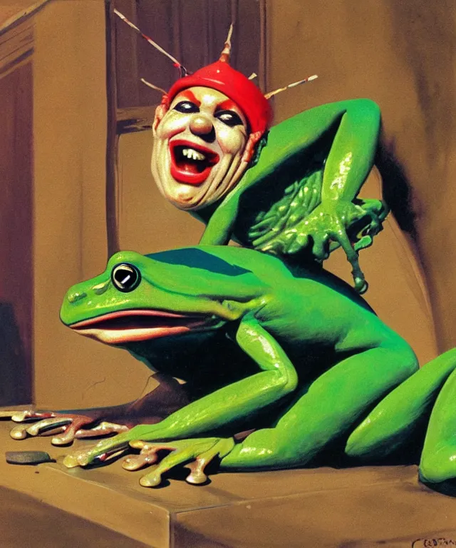 Image similar to frog boy farmer finds the clown crown in the dirt, clown crown, moment of destiny, painting by Syd Mead, cinematography by Robby Müller