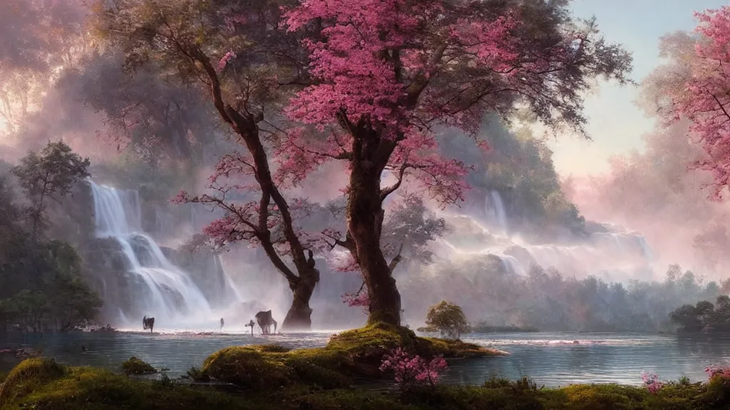 Prompt: the most beautiful panoramic landscape, oil painting, where a giant dreamy waterfall creates a river, the trees around are starting to bloom in pink colors, a majestic deer is in close - up and it is exhaling steam, the ray lights of the sunrise are brightening him, by greg rutkowski