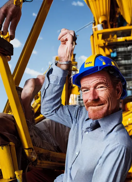 Prompt: closeup portrait of cheerful bryan cranston with a long crane neck, construction, yellow hardhat, sitting in a crane, natural light, bloom, detailed face, magazine, press, photo, steve mccurry, david lazar, canon, nikon, focus
