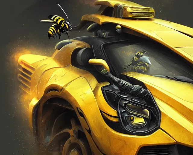 Image similar to sports car bumble bee transformers, deep focus, d & d, fantasy, intricate, elegant, highly detailed, digital painting, artstation, concept art, matte, sharp focus, illustration, hearthstone,