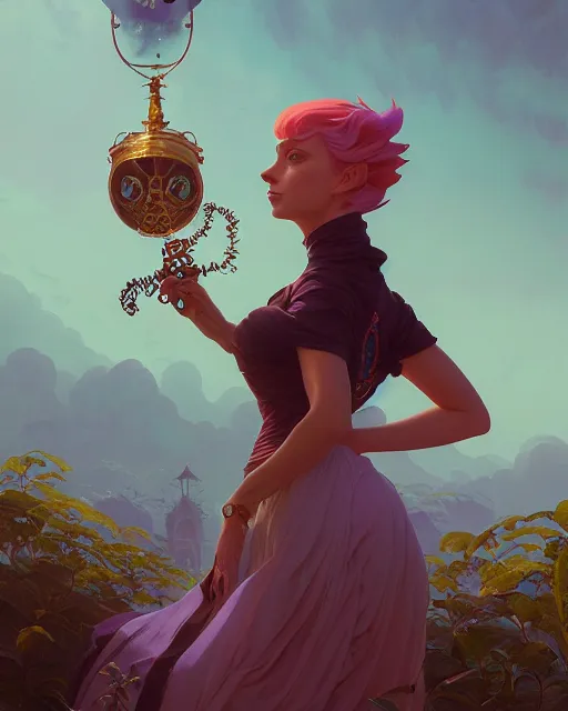 Image similar to highly detailed surreal vfx portrait of a beautiful female magician, stephen bliss, unreal engine, greg rutkowski, loish, rhads, beeple, makoto shinkai and lois van baarle, ilya kuvshinov, rossdraws, tom bagshaw, alphonse mucha, global illumination, detailed and intricate environment