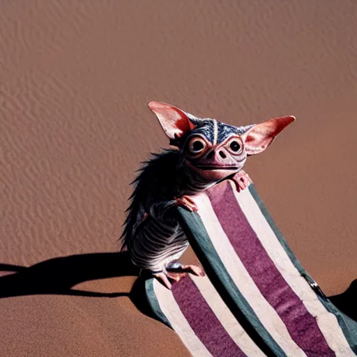 Prompt: striped gremlin swimming in a pool in the desert