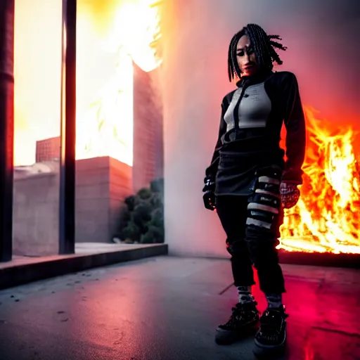 Image similar to Candid extreme wide shot of a poor techwear mixed woman with short hair and tattoos outside of a futuristic Los Angeles on fire, cyberpunk, 4k, extreme long shot, desaturated, full shot, action shot, motion blur, depth of field, sigma 85mm f/1.4, high resolution, 4k, 8k, hd, full color, award winning photography, war photography