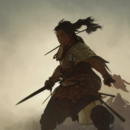 Image similar to A samurai in battle, D&D, fantasy, intricate, cinematic lighting, highly detailed, digital painting, artstation, concept art, smooth, sharp focus, illustration, art by Akihiko Yoshida, Greg Rutkowski and Alphonse Mucha