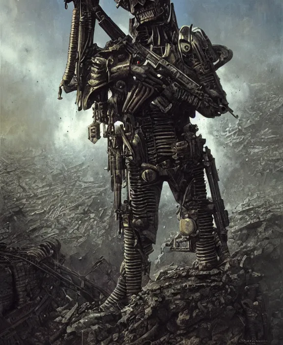 Image similar to a soldier in steampunk armour firing his gun in a deadly world war, by HR Giger and Beksiński and Stephan Martiniere , 4k resolution, detailed, trending on artstation