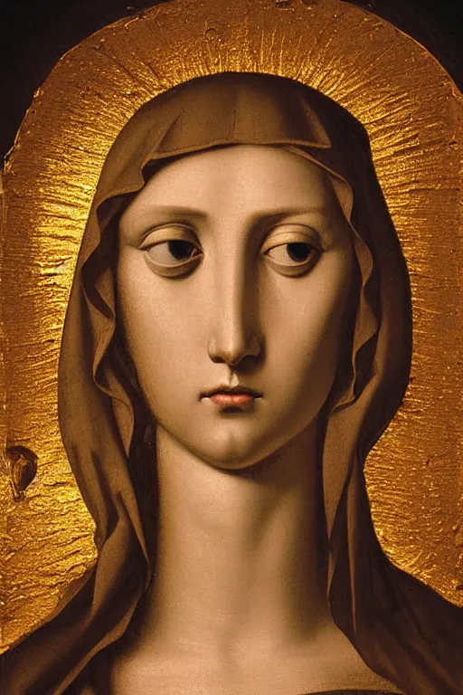 Prompt: Virgin Mary, suffering face, closeup, ultra detailed, made in gold, Guido Reni style