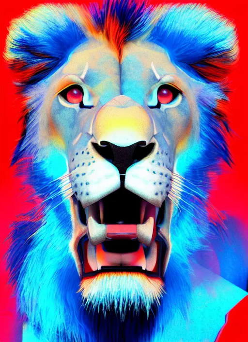 Image similar to a close up of a red lion's face with blue eyes, an album cover by jacob toorenvliet, featured on behance, cubo - futurism, rendered in cinema 4 d, sketchfab, rendered in maya, red shift, synthwave, by enguerrand quarton, by alesso baldovinetti, 3 d render, holography,