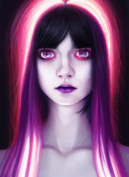 Image similar to hair blackbangs hair, white hair, blackbangs, portrait of teenage girl with white hair, red irises, purple clothes, black bangs, bangs are different color from hair, intricate, elegant, glowing lights, highly detailed, digital painting, artstation, concept art, smooth, sharp focus, illustration, art by wlop, mars ravelo and greg rutkowski