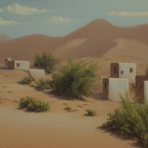 Prompt: a beautiful painting of a village in the desert, white houses, two suns