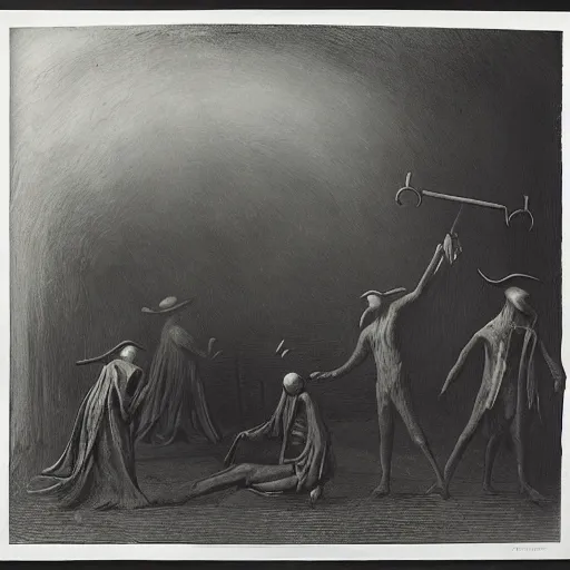 Prompt: wet plate photo, plague doctors in the mist with weird rube goldberg machines, minimalist, joel peter witkin, heironymus bosch, gustave dore, beksinski, giger'