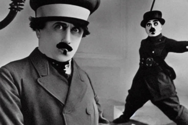 Image similar to Adolf Hitler as Charlie Chaplin in 'My Chap Chaplin' (2024), movie still frame, promotional image, imax 70 mm footage, oscar nominated cinematography, volumetric lighting, 8k resolution