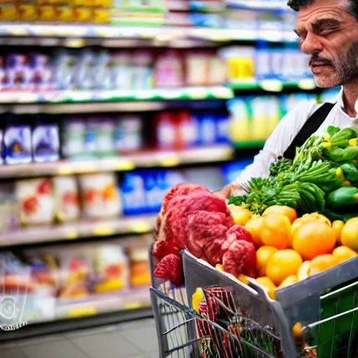 Image similar to very frustrated Poseidon annoyed and complaining with wild gestures to other customers at the supermarket, bokeh, Sigma 85mm, f/1.4