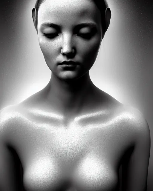 Image similar to dreamy, monochrome, subsurface scattering, white, young beautiful flower - cyborg goddess in cosmos, black and white, octane render, dino valls, mark ryden, highly detailed, rim light, art, cinematic lighting, very coherent, hyper realism, 8 k