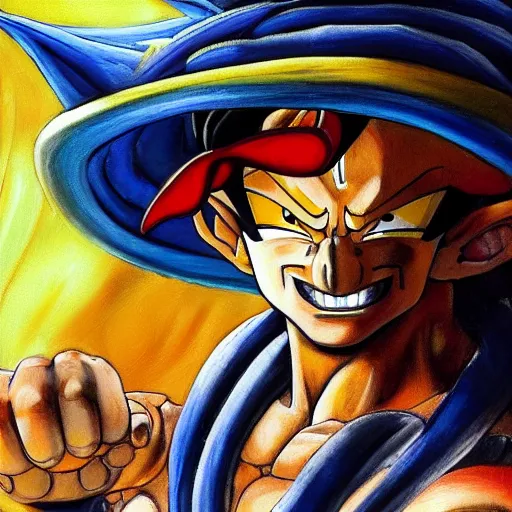 Image similar to an oil painting of a igoku wearing a hip - hop rap hat drawn by frank frazetta, hd, hdr, ue 5, ue 6, unreal engine 5, 3 d, cinematic 4 k wallpaper, 8 k, ultra detailed, high resolution, artstation, award - winning pencil drawing