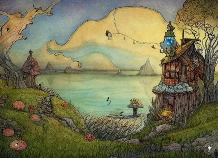 Image similar to a fantasy landscape with houses around a big lake, lowbrow in the style of alexander jansson and john bauer,