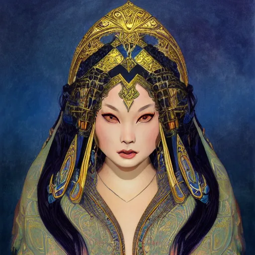 Image similar to painting of junoesque plus size mongolian priestess of the moon, golden filigree armor and tiara, moon above head, dark blue straight hair, smooth translucent skin, wide striking eyes, beautiful! coherent! by brom, by brian froud, strong line, high contrast, muted color, 4 k, trending on artstation