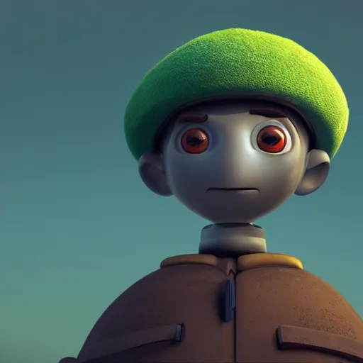 Image similar to full body portrait of a round robot wearing beret, painting a canvas, big head, high detail, beautiful light, depth of field, sharp focus, clean design, 4 k, pixar, colorful, octane render