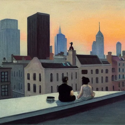 Image similar to a small rooftop with a couple of people sitting and watching the view, wearing black modern clothes, modern shanghai bund is on the background, sunset, by edward hopper, by gregory crewdson