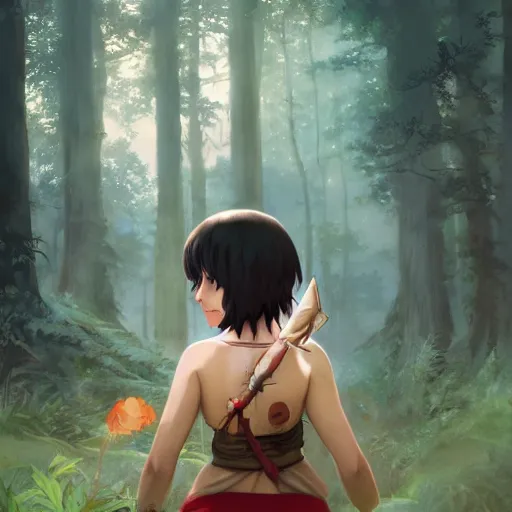 Image similar to realistic princess mononoke by ross draws, forest background by ilya kuvshinov, digital anime art by ross tran, composition by sana takeda, lighting by greg rutkowski