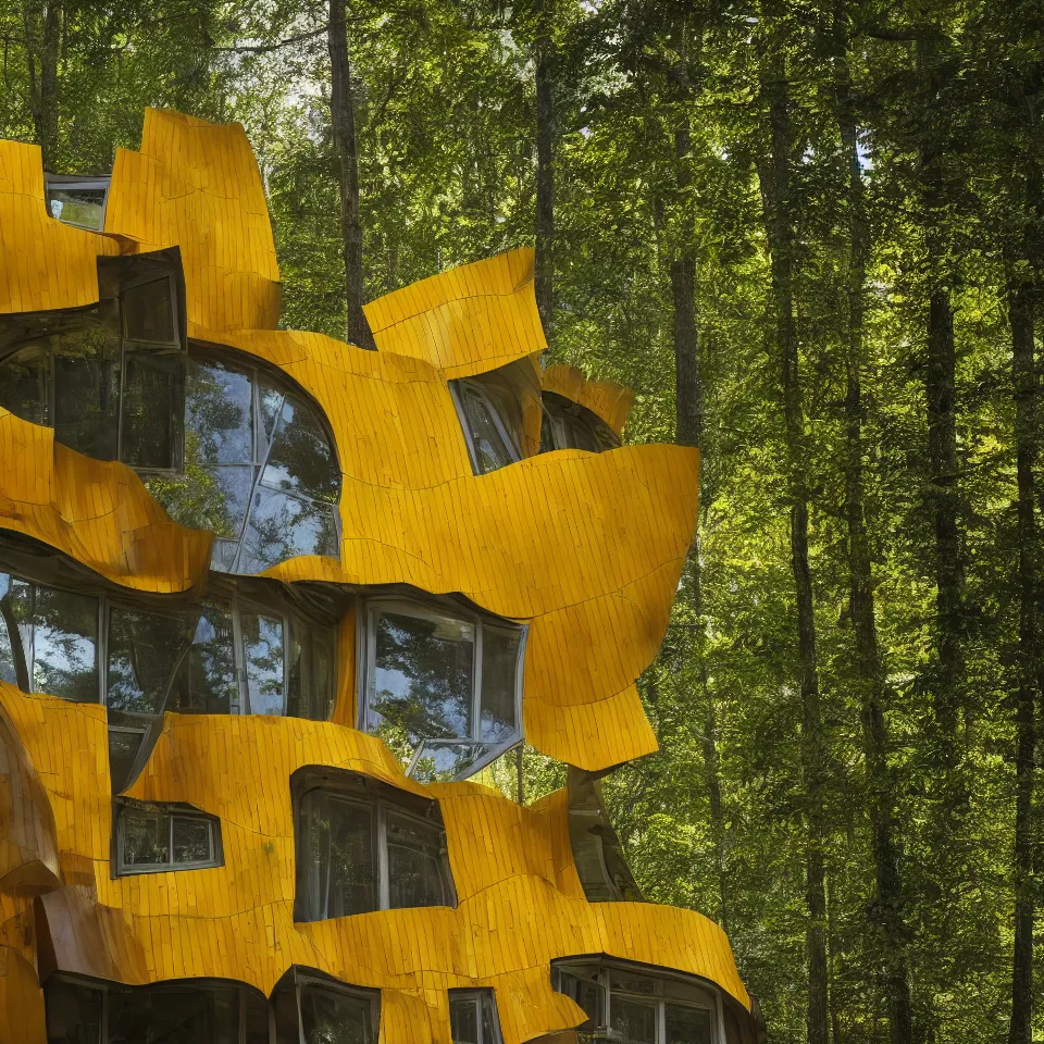 Image similar to a small flat house in the forest, designed by Frank Gehry. Big Tiles. Film grain, cinematic, yellow hue