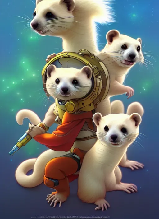 Image similar to cute intergalactic ferrets, natural lighting, path traced, highly detailed, high quality, digital painting, by don bluth and ross tran and studio ghibli and alphonse mucha, artgerm