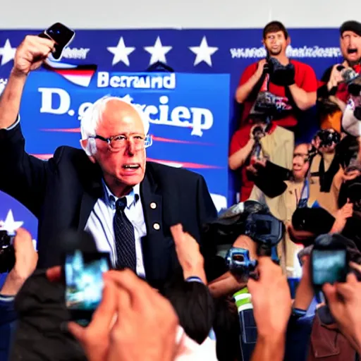 Prompt: documentary photograph of gigachad president bernie sanders charging up super saiyan in front of an audience of photographers and reporters