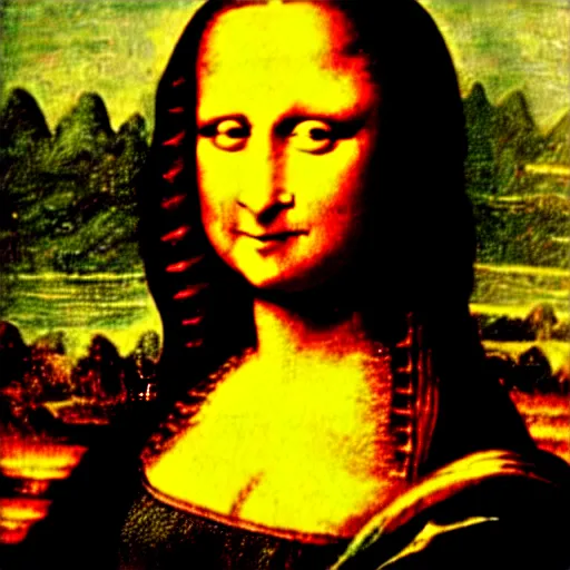 Prompt: failed restoration of mona lisa, modernized features, partly ruined painting smudges