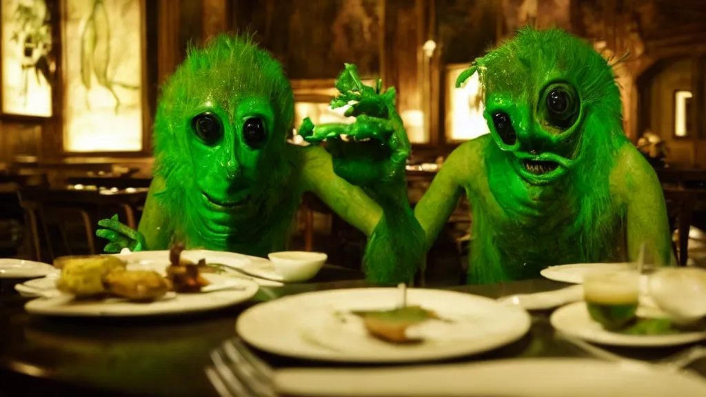 Prompt: the strange creature in the restaurant likes to eat, made of Chlorophyll and oil, film still from the movie directed by Denis Villeneuve with art direction by Salvador Dalí