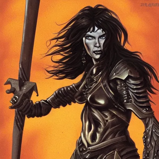 Image similar to a muscular bronze - skinned silver - eyed woman warrior with long black hair, in xena armor, in an arena on a hostile alien planet, highly detailed, mike mignola, trending on art station, illustration, comic book