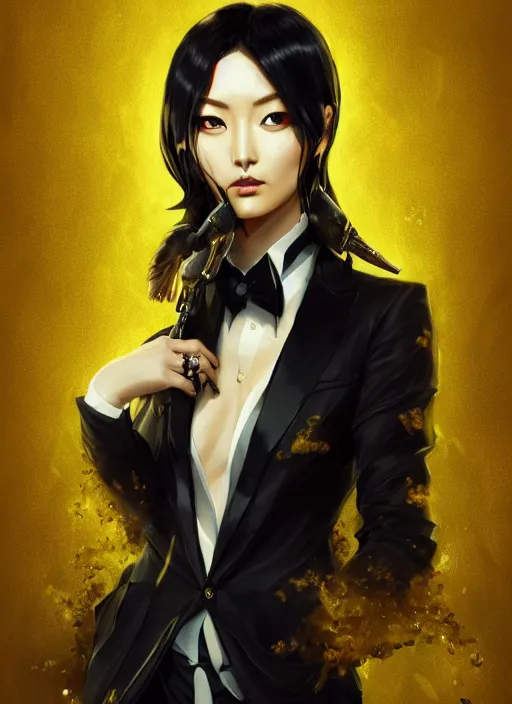 Image similar to a highly detailed illustration of meisa kuroki wearing black suit and tie with coattails, yellow eyes, dramatic elegant pose, strings background, intricate, elegant, highly detailed, centered, digital painting, artstation, concept art, smooth, sharp focus, league of legends concept art, wlop.