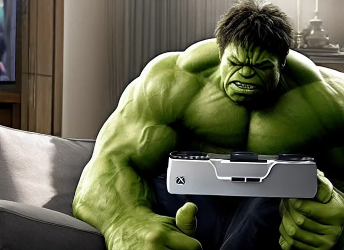 Image similar to Film Still of Hulk on the couch playing Xbox in the new Avengers movie, 4k