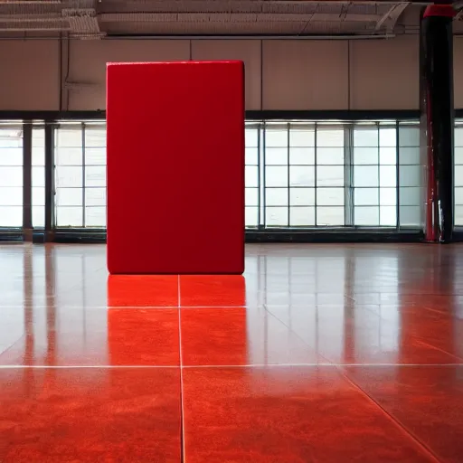 Prompt: a red metallic cube on a shiny wooden floor
